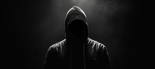 A silhouette of a person in a hoodie against a dark background, boldly black and white aesthetics and social and political commentary.