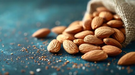 Wall Mural - A bag of almonds is on a blue surface