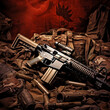 © Creative Laik - M4 assault rifle and ammunition on khaki cloth background.