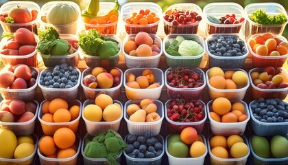 Wall Mural - Neatly arranged plastic containers with a variety of exotic fruits and crisp vegetables in a farmer's market setting