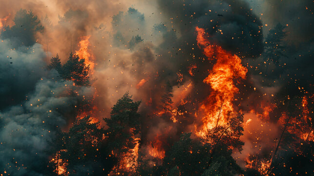 Fierce wildfire sweeping through a forest, illustrating the power and danger of uncontrolled flames, perfect for educational materials on forest fire prevention and emergency response