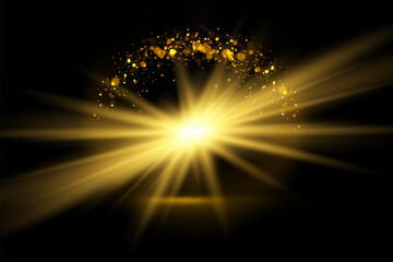 Wall Mural - Star burst with sparkles. Light effect. Gold glitter texture.