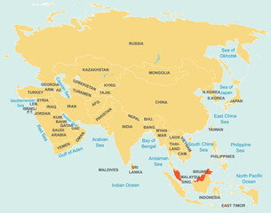  Highlighted red map of MALAYSIA inside orange detailed tagged map of Asia using orthographic projection on blue background