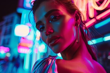 Canvas Print - Vibrant neon lights portrait of young woman in city night