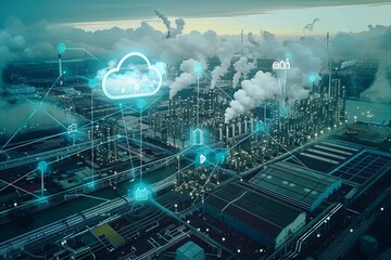 Fototapete - An aerial view of a modern industrial complex illuminated by night, showcasing a vast network of interconnected factories and facilities, representing the integration of cloud computing and Industry 