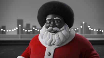Wall Mural - A black and white photo of a santa clause with an afro, AI