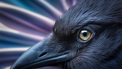 Wall Mural - A close up of a black bird with yellow eyes, AI