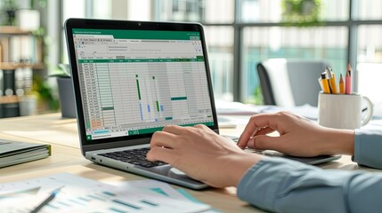 A beginner in Excel learning new formulas, set in a modern, bright office with large windows.
