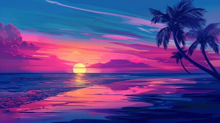 Wall Mural - Colorful tropical sunset on empty ocean beach with palm trees
