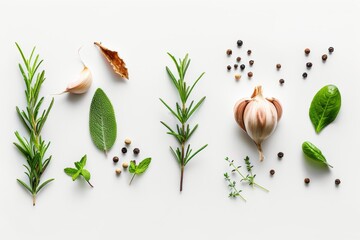 Wall Mural - Assorted fresh herbs and spices on white background