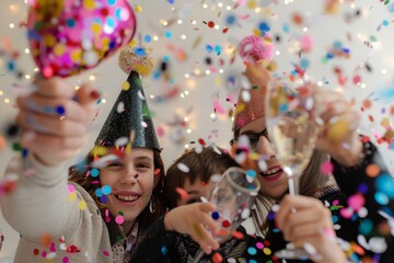 Wall Mural - New Year's Eve Countdown: Photograph a family counting down to midnight on New Year's Eve, with children eagerly awaiting the moment to blow party horns and pop confetti, parents raising glasses for a