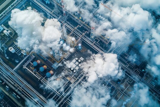 An aerial view showcasing a modern industrial area with an intricate network of pipes and structures, highlighting the concept of cloud computing and factory automation 