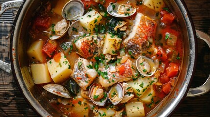 Wall Mural - A seafood chowder simmering in a pot, filled with chunks of fish, clams, potatoes, and vegetables.