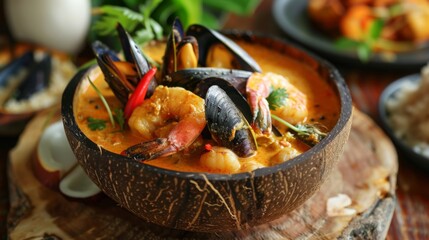 A seafood curry served in a coconut shell bowl, with fish, shrimp, and mussels in a spicy coconut milk sauce.