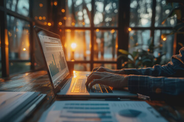 business man hand working on laptop computer financial with graphic graph chart diagram statistics.