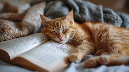 A ginger cat peacefully sleeps on an open book, nestled in a cozy blanket on a lazy afternoon.