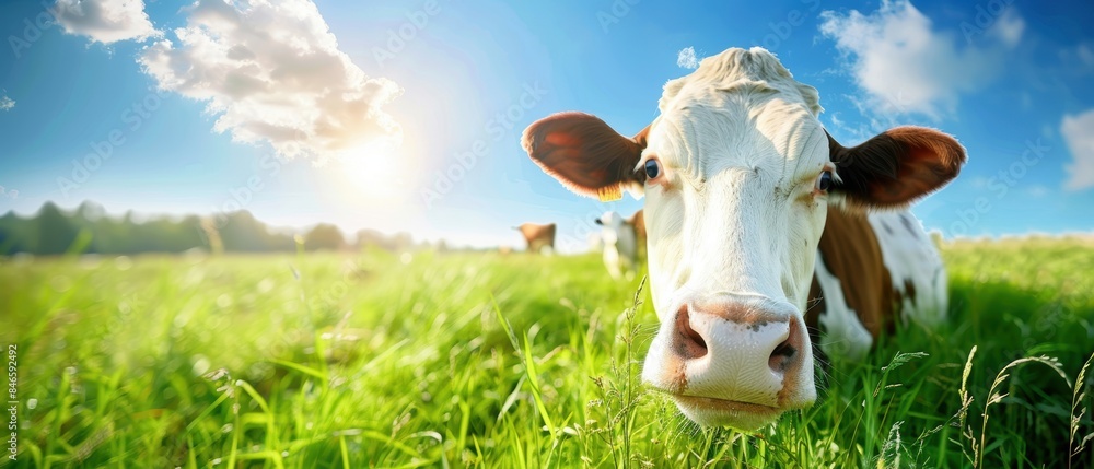 Dairy cow on a green field, with a bright blue sky and sunlight in the ...