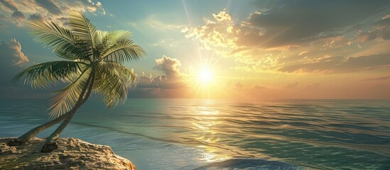 Wall Mural - Stunning ocean vista featuring a palm tree under a radiant sun