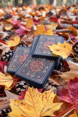 Mesmerizing forest scene with a gold foil card deck on autumn leaves and pine cones, blending nature's colors with intricate design for a mystical atmosphere. tarots