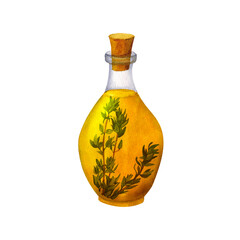 Poster - A bottle of fragrant olive oil with spices and thyme, watercolor hand painted, isolated on white background. It can be used for prints on textile and paper, for clothes, for plates and dishes design