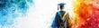 © ธนากร บัวพรหม - Graduation event artwork with a colorful watercolor splash background, student in academic attire holding a degree, theme of future success and wisdom 8K , high-resolution, ultra HD,up32K HD