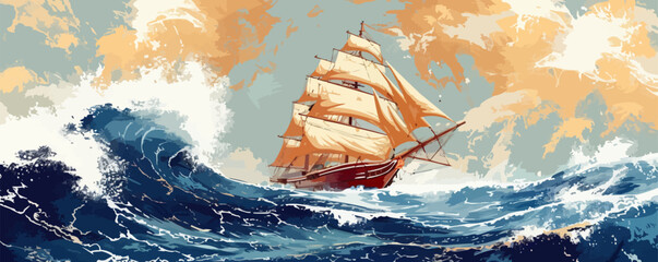 Wall Mural - A rustic wooden sailing ship navigating through stormy seas. Vector flat minimalistic isolated illustration.