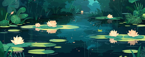 Wall Mural - A tranquil forest pond with lily pads and frogs. Vector flat minimalistic isolated illustration.