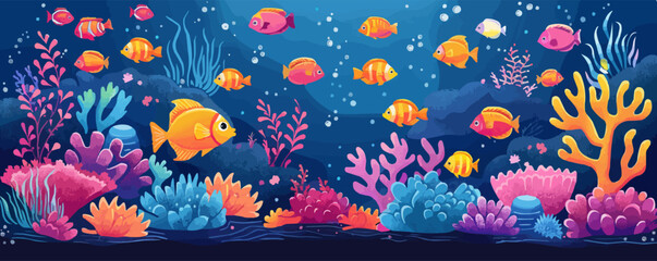 Wall Mural - A whimsical underwater kingdom with coral reefs and schools of colorful fish. Vector flat minimalistic isolated