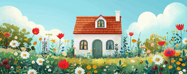 Wall Mural - A serene countryside cottage surrounded by blooming wildflowers and lush greenery. Vector flat minimalistic isolated illustration.