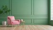 © Amli - Room with green wall and wooden floor with pink modern armchair. Bright room interior mockup. Empty room for mockup. 3d rendering.