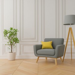 Wall Mural - Room with white wall and wooden floor with gray modern armchair. Bright room interior mockup. Empty room for mockup. 3d rendering