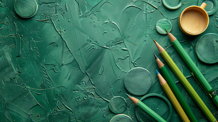 Green pens, pencils, and documents arranged on a green textured surface with circular patterns in a flat lay style