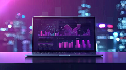 Laptop displaying charts and graphs for analyzing business accounting and statistics. Also, pertains to a modern UI/UX business website kit and admin interface