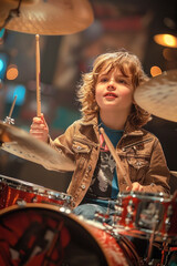 A young boy is energetically playing the drums on a stage as part of a performance