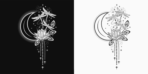 Vertical black and white celestial composition with lotus flower, flying fantasy dragonflies, moon crescent, stars. Mysterious, mystical concept. Vintage style.