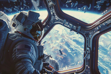 Wall Mural - Closeup Generative AI picture of astronaut male female floating through space galaxy planet moon stars