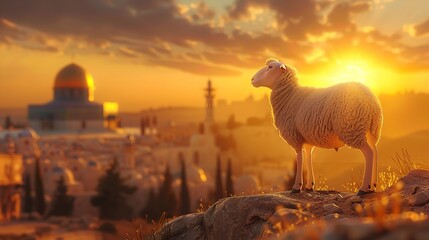 Wall Mural - A sheep standing on a hill overlooking dome