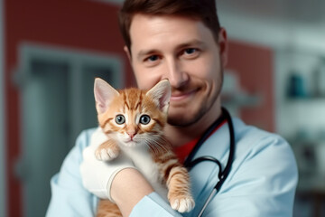 Sticker - Photo of male veterinarian is examining a dog in animal hospital clinic made with generative AI