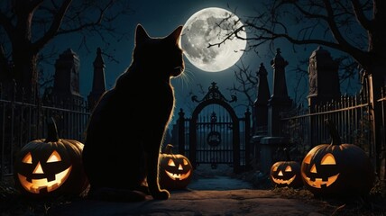 Wall Mural - Black cat and single jack-o-lantern at moonlit cemetery gate