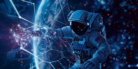 Wall Mural - dynamic network connections, modern hyper realistic astronaut space planet sleek style