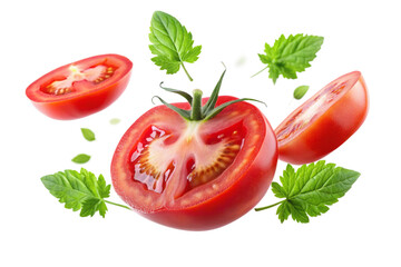 tomato with half slices falling or floating