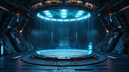 Wall Mural - A futuristic space station podium with a blue dome and a large circular room