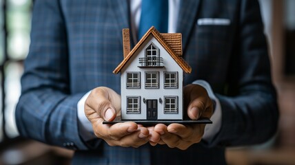 Businessman Holding a Miniature House Model in Office Setting