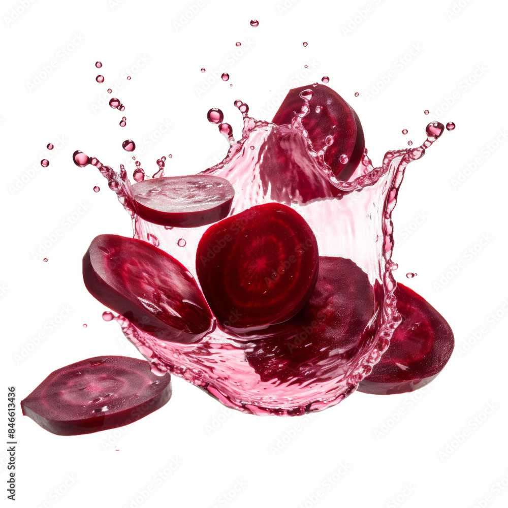 Dynamic splash of fresh beetroot slices in water, showcasing vibrant ...
