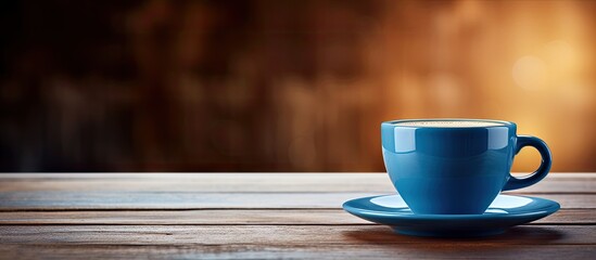 Aufkleber - Blue cup of coffee on a wooden cafe table with a backdrop of soft lighting, ideal for a copy space image.