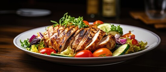 Fototapete - Healthy lunch menu featuring a grilled chicken breast, fillet, and fresh vegetable salad, with copy space image.