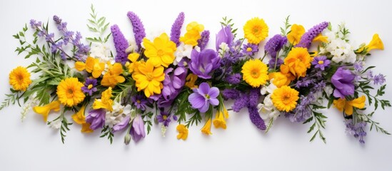 Poster - A floral arrangement featuring yellow and purple flowers against a white backdrop, symbolizing spring and Easter, with a flat lay presentation from above, providing ample copy space image.