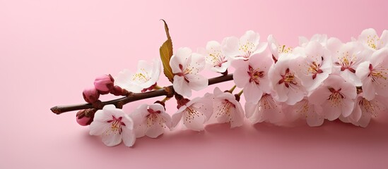 Fototapete - Closeup view of a bouquet of almond blossoms on a pink background with space for text or image insertion. with copy space image. Place for adding text or design