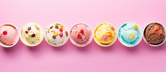 Aufkleber - Colorful ice cream bowls with a variety of flavors and fresh toppings arranged on a pink background in a top-view copy space image.