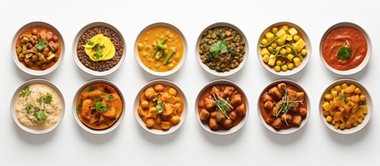 Poster - Delicious curry dishes arranged on a white backdrop with a copy space image available.